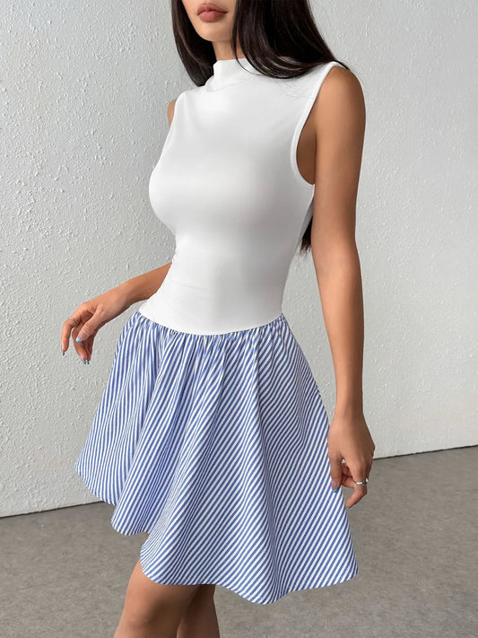Striped Mock Neck Sleeveless Mini Tank Dress