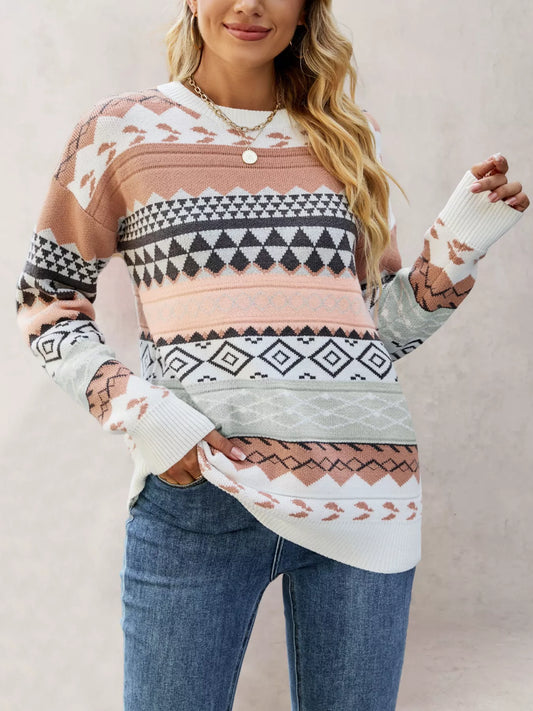 Geometric Pattern Round Neck Sweater