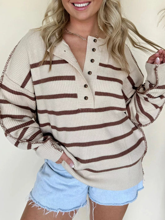 Stripe Ribbed Henley Drop Shoulder Slouchy Sweater