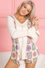 BiBi Granny Square Print Contrast Annie Rib V Neck Top