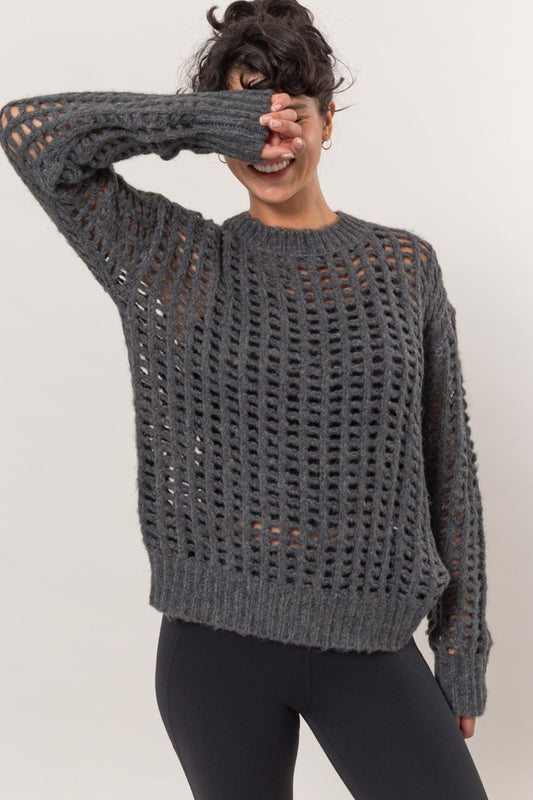 HYFVE Openwork Round Neck Long Sleeve Knit Cover Up