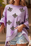 Mardi Gras Sequin Fleur De Lis Patched Exposed Seam Oversize Top