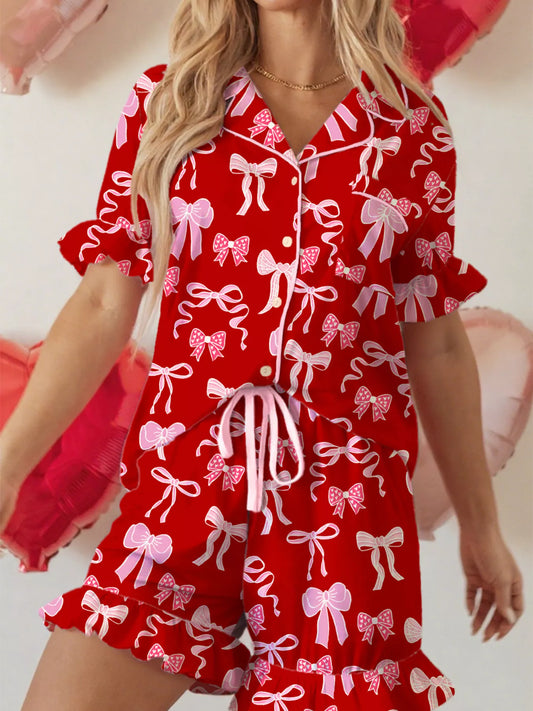 Bow Print Ruffled Short Sleeve Shirt and Shorts 2pcs Pajama Set