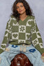POL V-Neck Heart Pattern Checkered Sweater