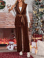 Tie Waist Velvet Vest & Pants Two-Piece Set