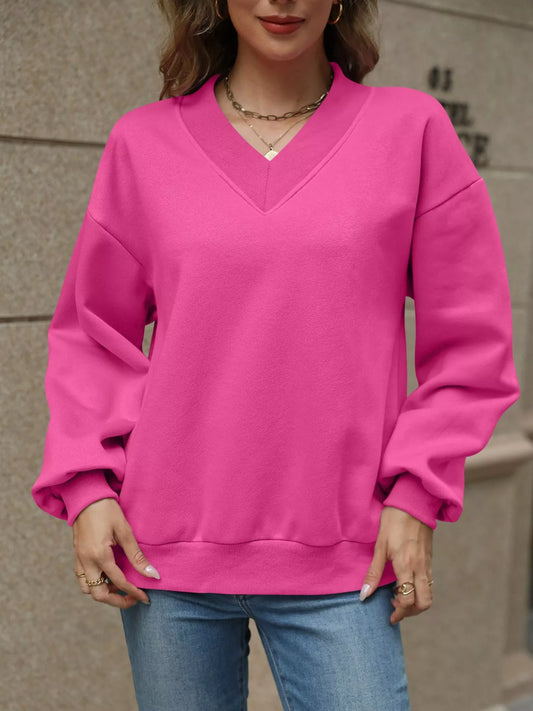 V-Neck Solid Color Casual Sweatshirt