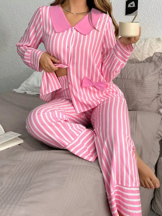 Stripe Buttoned Front Long Sleeve Top and Pants 2 Piece Sleepwear