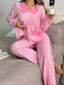 Stripe Buttoned Front Long Sleeve Top and Pants 2 Piece Sleepwear