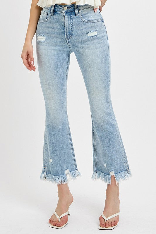 RISEN Full Size Raw Hem Distressed Cropped Flare Jeans Plus Size