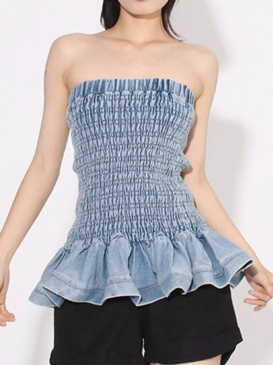 Smocked Ruffled Hem Denim Tube Top