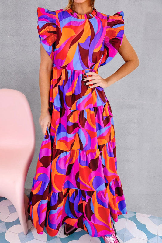 Printed Ruffled Mock Neck Tiered Dress