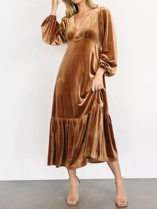 Velvet Tiered Long Sleeve Midi Dress