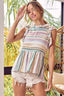 BiBi Multi Stripe Ruffled Neck Tiered Back Open Button Top