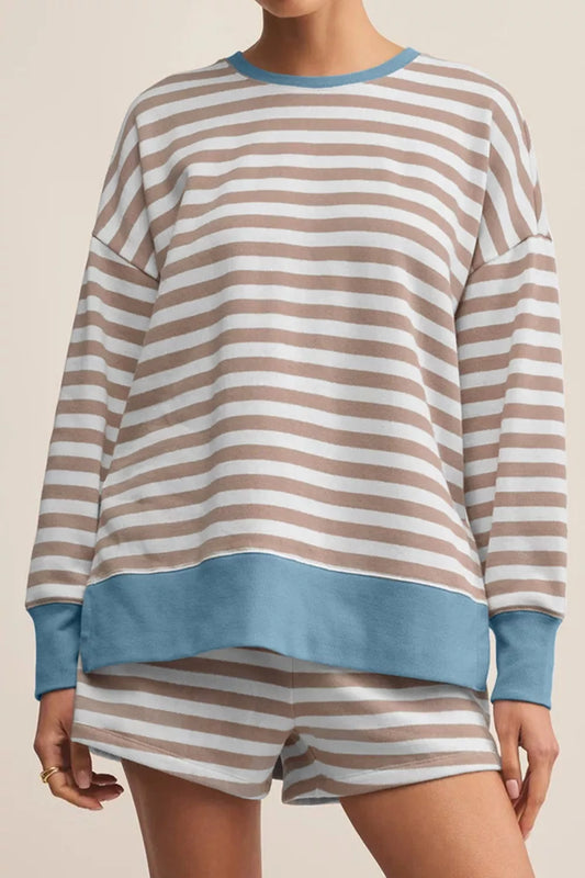 Stripe Color Block Patchwork Oversized Top and Shorts 2pcs Set