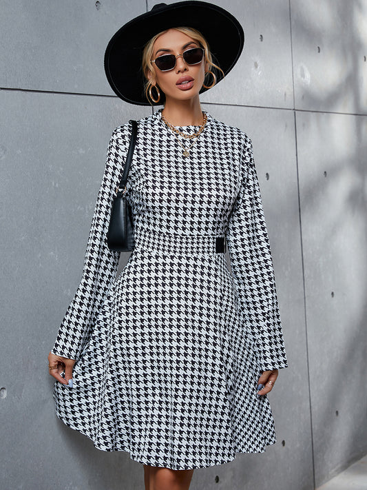 Houndstooth Long Sleeve Round Neck Dress