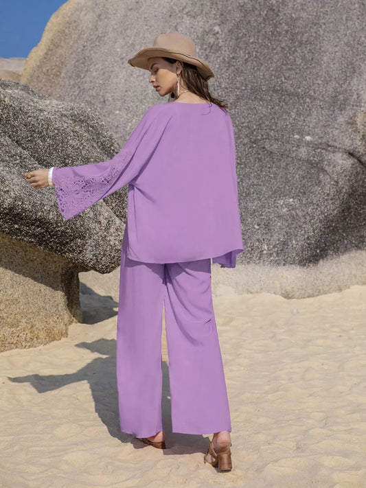 Lace Detail Open Front Cover Up and Pants Set