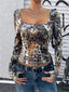 Leopard Long Sleeve Square Neck T-Shirt