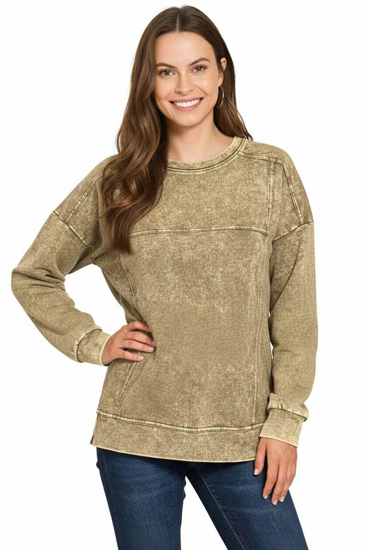 Zenana Acid Wash French Terry Exposed-Seam Pullover
