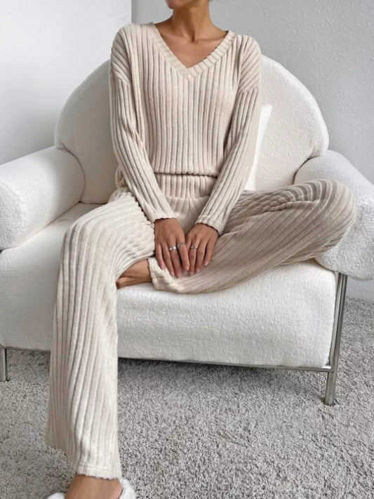 Ribbed Knit V-Neck Top and Pants Set