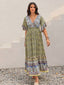 Ruched Printed Flounce Sleeve Maxi Dress