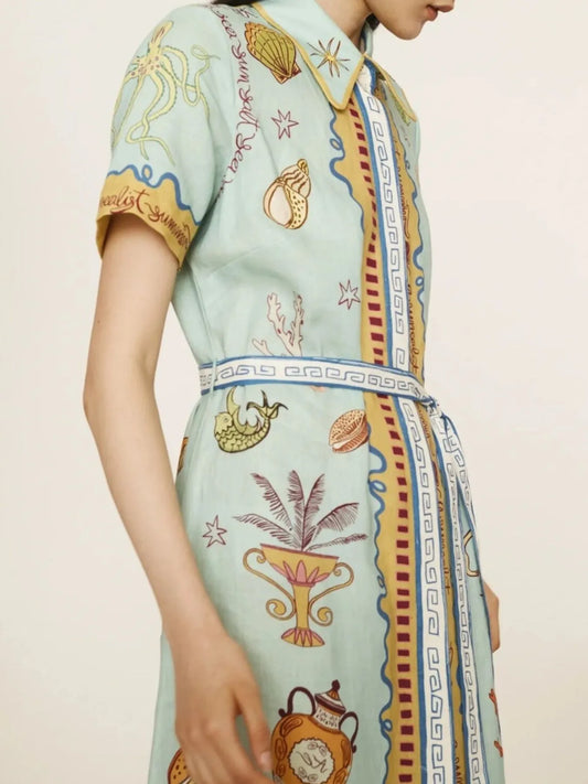 Printed Short Sleeve Maxi Shirt Dress with Belt
