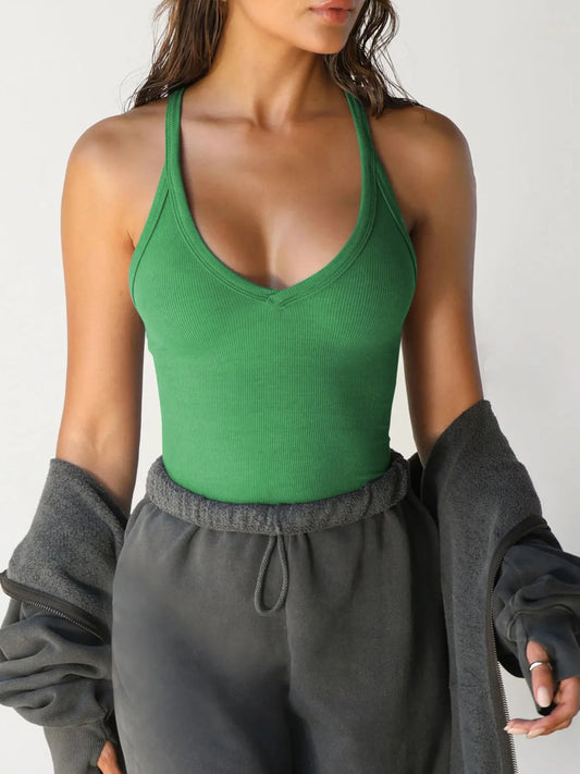 Ribbed V-Neck Halter Tank Top