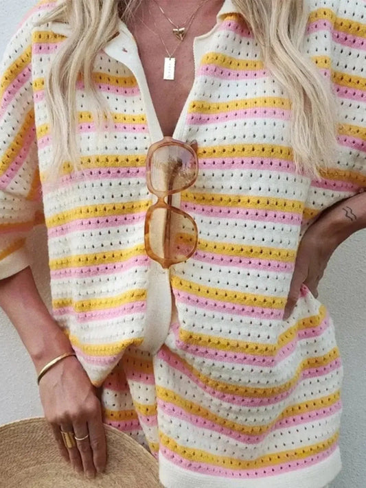 Striped Eyelet Button Up Shirt and Shorts Set