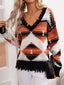 Geometric Frayed Hem V-Neck Long Sleeve Sweater