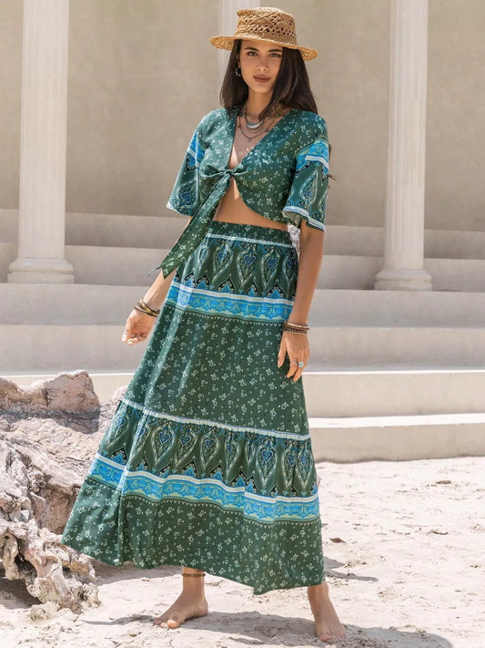 Tie Front Half Sleeve Top and Skirt Set