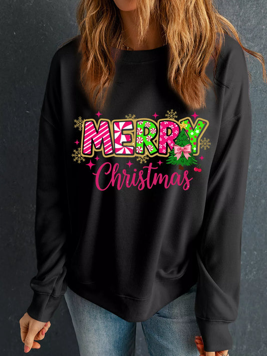 MERRY Christmas Letter Graphic Drop Shoulder Sweatshirt
