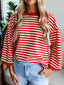 Striped Print Drop Shoulder Lace Trim Loose Top