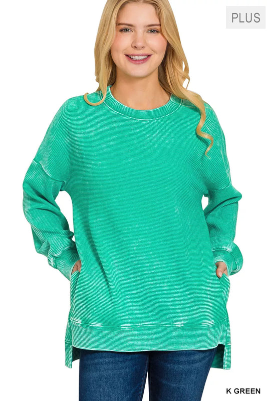Zenana Full Size Acid Washed Double Ribbed Hi-low Sweatshirt Plus Size