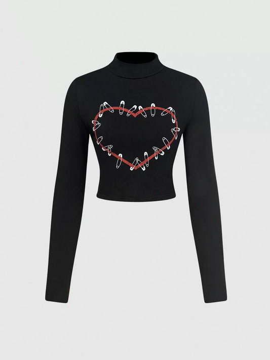Heart Safety Pin Long Sleeve Crop T-Shirt