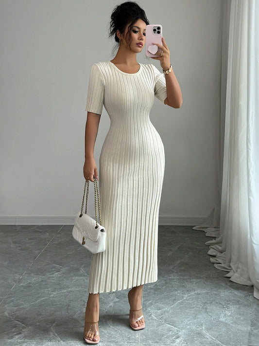 Round Neck Short Sleeve Sweater Dress
