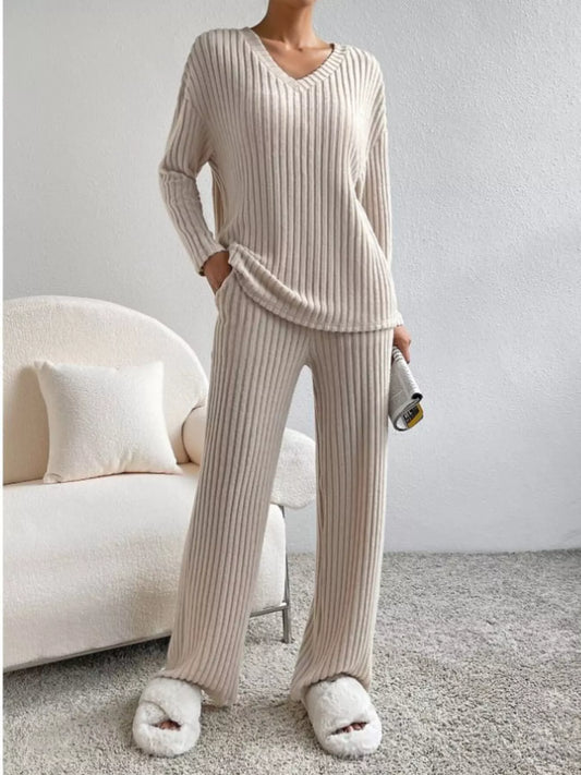 Ribbed Knit V-Neck Top and Pants Set
