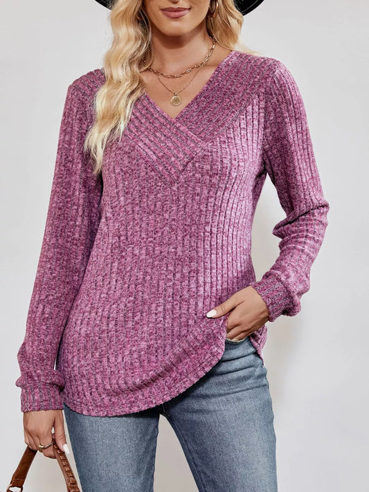 Ribbed Knit V-Neck Long Sleeve T-Shirt
