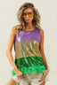 BiBi Mardi Gras Color Block Faux Feather Hem Sequin Top