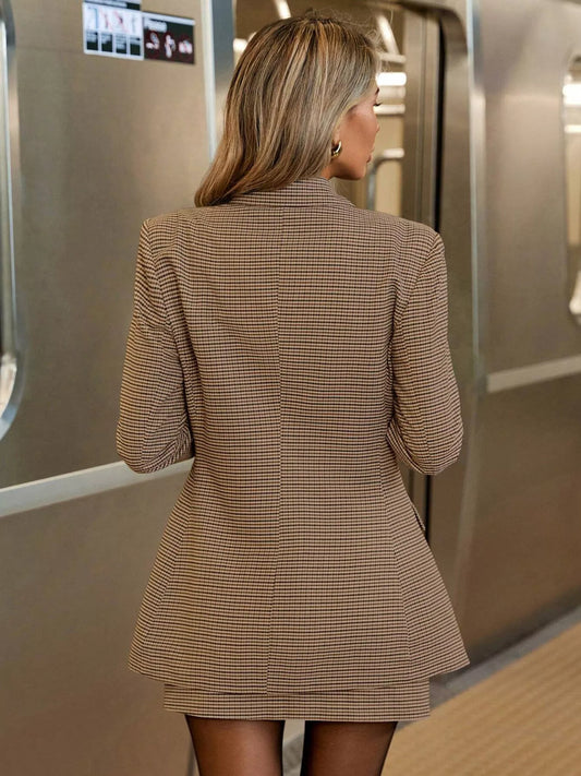 Single-Breasted Plaid Blazer and Skirt Set