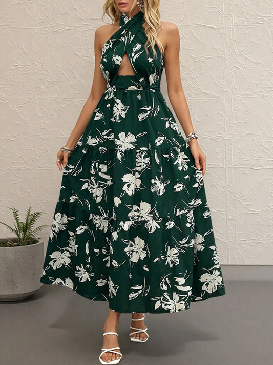 Printed Halter Neck Cutout Dress