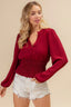 BiBi Smoking Waist Band and Puff Sleeves Deep V Neck Top