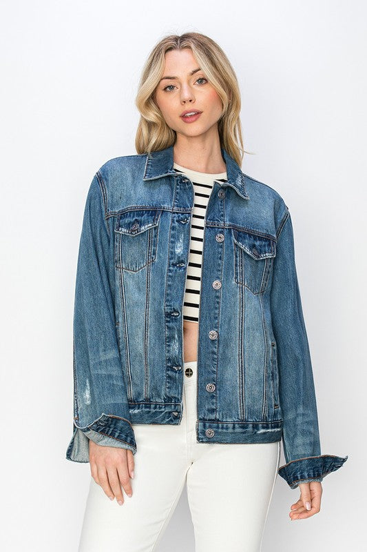 RISEN Full Size Distressed Button Up Jacket