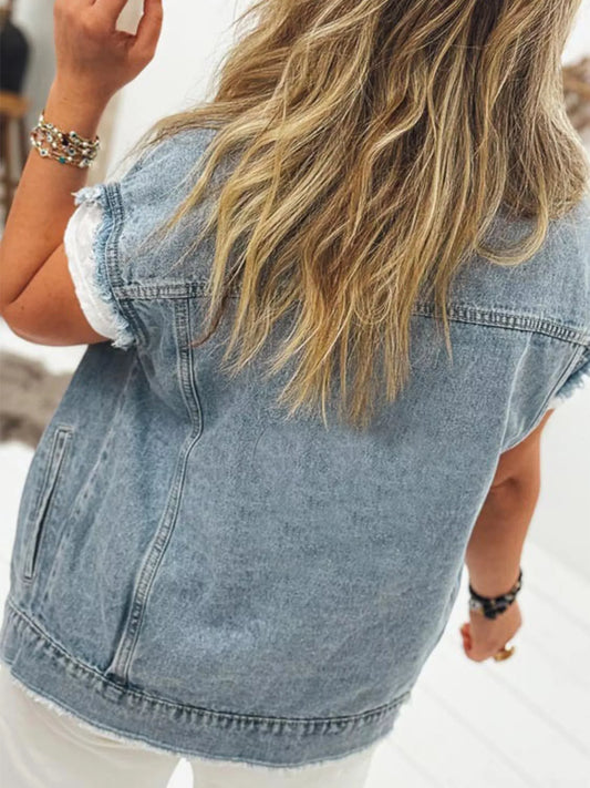 Button Flap Pocket Frayed Detail Denim Vest