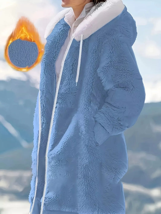 Cozy Fleece Hooded Longline Zip Up Outerwear
