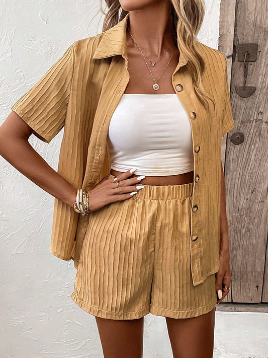 Textured Button Up Shirt and Shorts Set