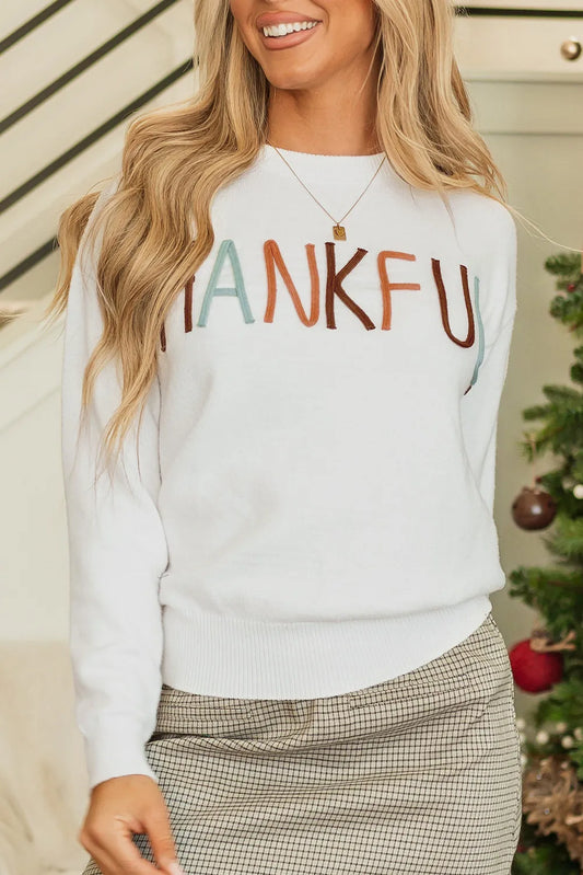 THANKFUL Round Neck Long Sleeve Knit Top