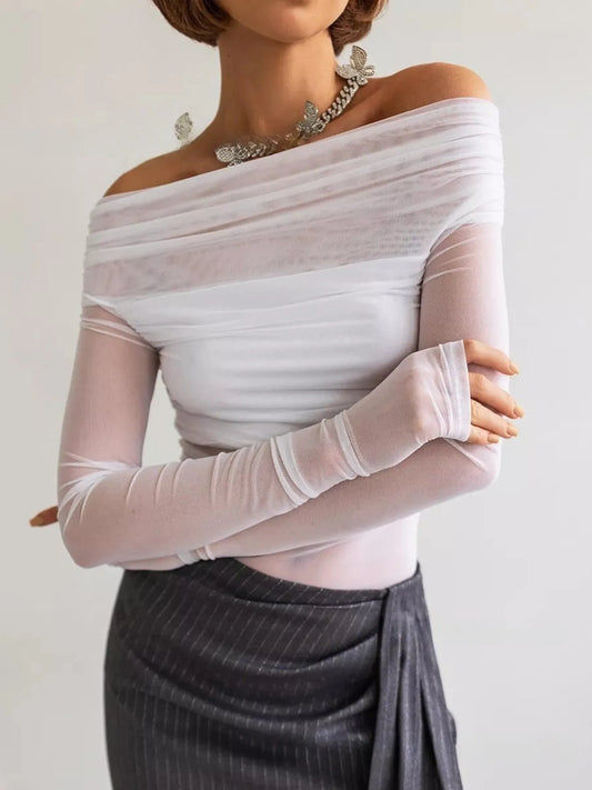 Off-Shoulder Long Sleeve Mesh Bodysuit