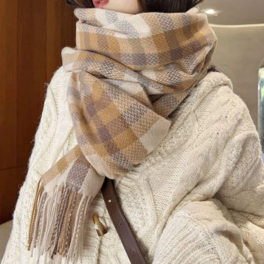 Warm Plaid Fringe Scarf