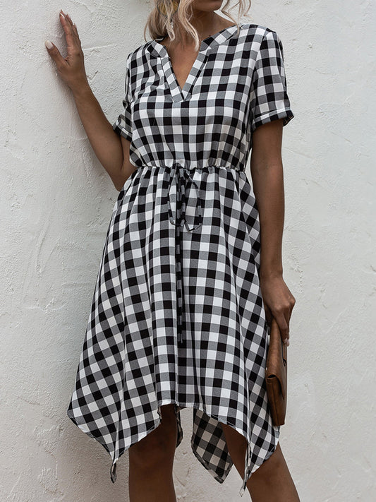 Plaid Notched Short Sleeve Dress