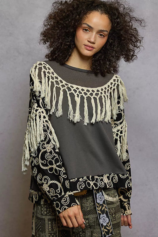 POL Contrast Floral Embroidery Balloon Sleeve Top with Tassel Trim