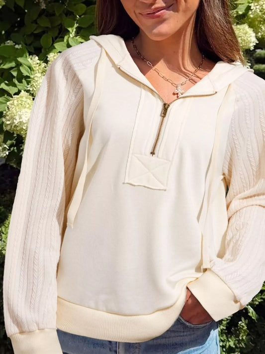 Solid Color Textured Sleeve Patchwork Half Zip Hoodie